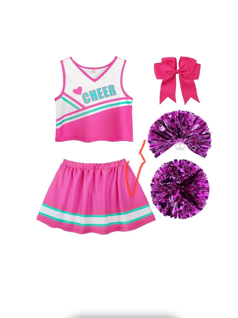 Girls Pink Cheerleader Costume Set with Pom Poms and Bow